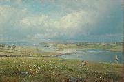 William Trost Richards Mackerel Cove, Jamestown, Rhode Island, oil on canvas painting by William Trost Richards, laid down on masonite oil painting